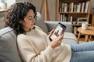 Femme lisant un roman romance sur tablette Android confortablement installée dans un salon cosy de style scandinave