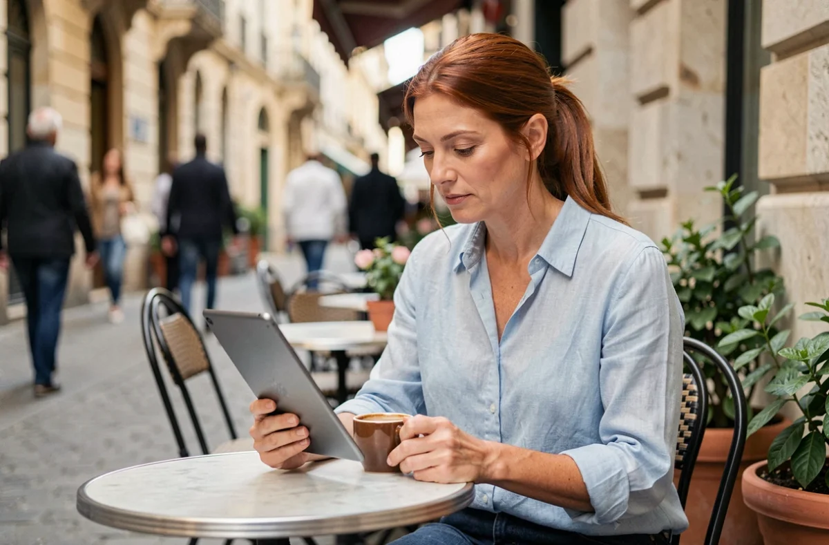 Femme lisant un roman romance sur tablette Android en terrasse de café parisien avec une tasse d'espresso à la main