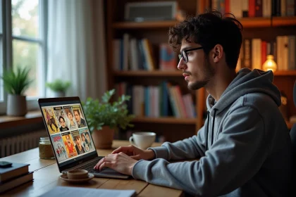 Jeune homme lisant des scans de manga en VF sur un ordinateur portable dans un bureau cosy entouré de volumes manga