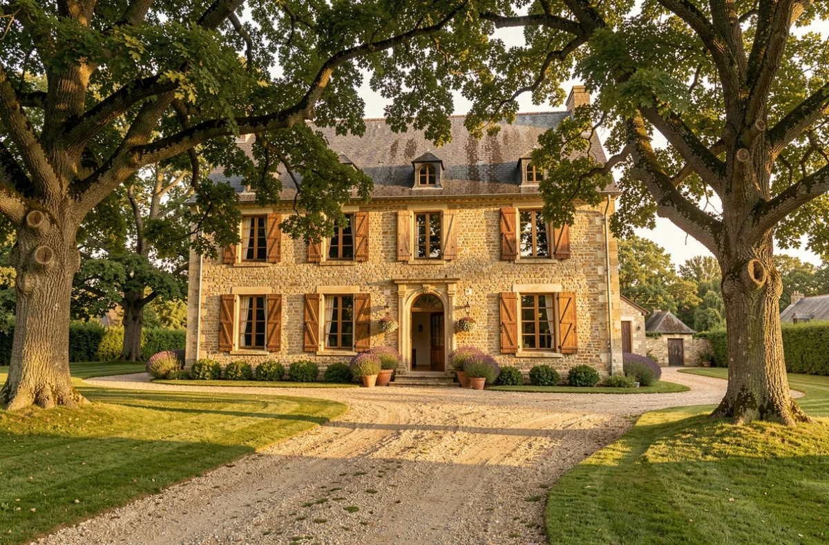 Domaine des Gâtines en Essonne, manoir en pierre entouré de chênes et de pelouses soignées