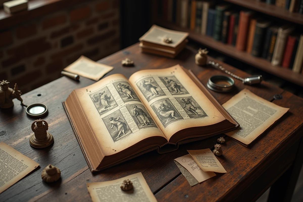 Livre ancien ouvert illustrant les personnages du mythe grec du Minotaure sur un bureau d'étude avec figurines et notes