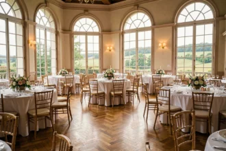 Salle de réception élégante en Essonne avec tables rondes dressées et vue sur la campagne française