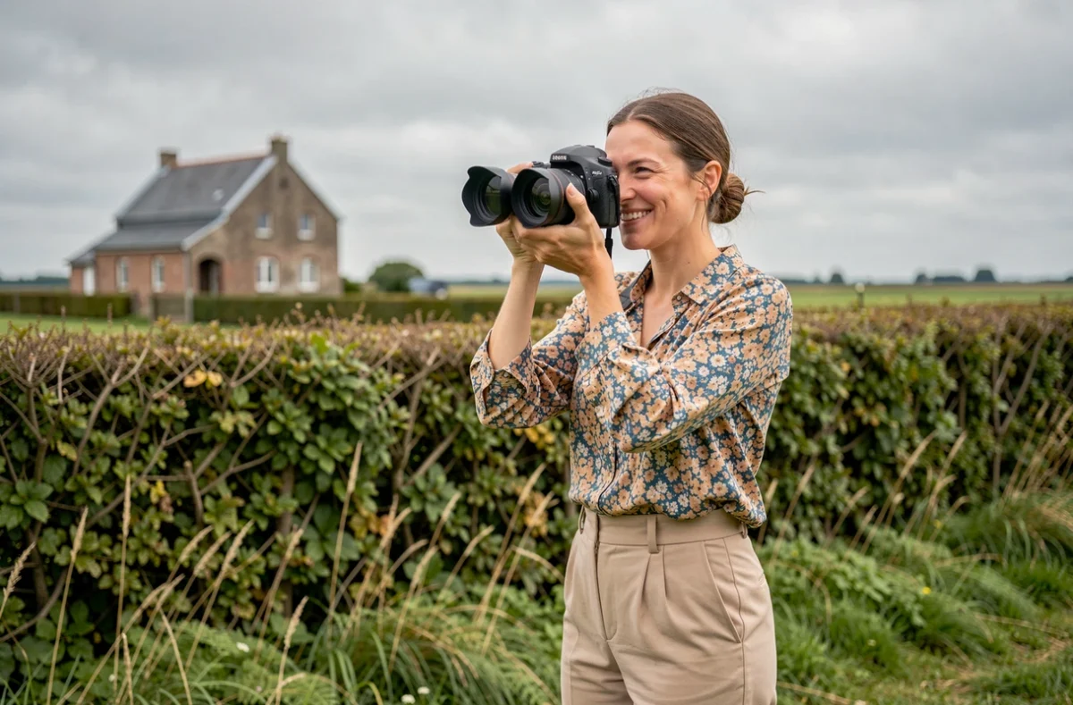 Maelys Music, experte en photographie dans le Nord, réalisant une séance portrait en plein air