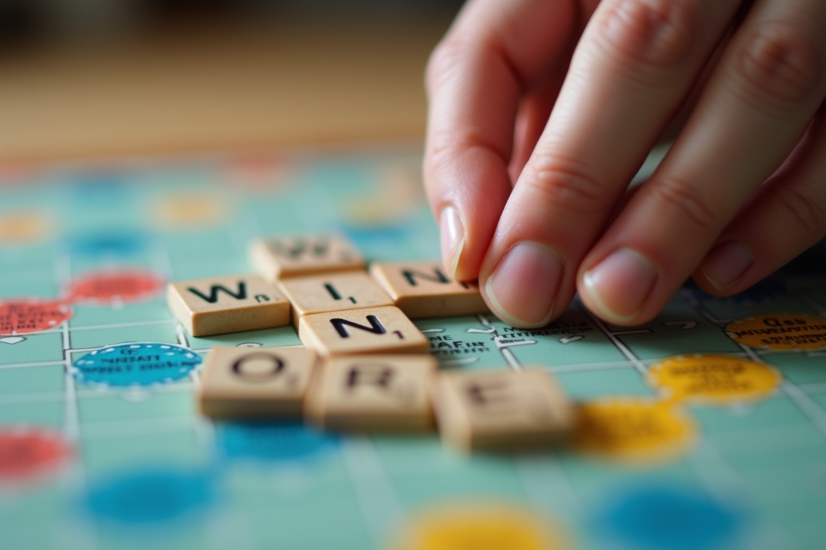 Main plaçant le mot gagnant sur le plateau de Scrabble