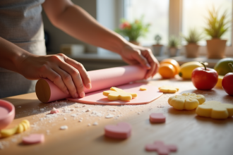 Mains roulant des fruits en marzipan pastel sur un plan de travail