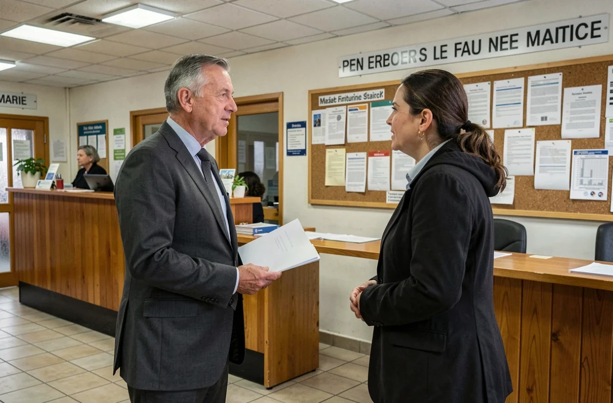 Un maire adjoint en costume discute avec un collègue à l'accueil d'une mairie française