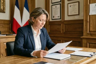 Une maire adjointe examine des documents officiels dans une salle du conseil municipal d'une mairie française