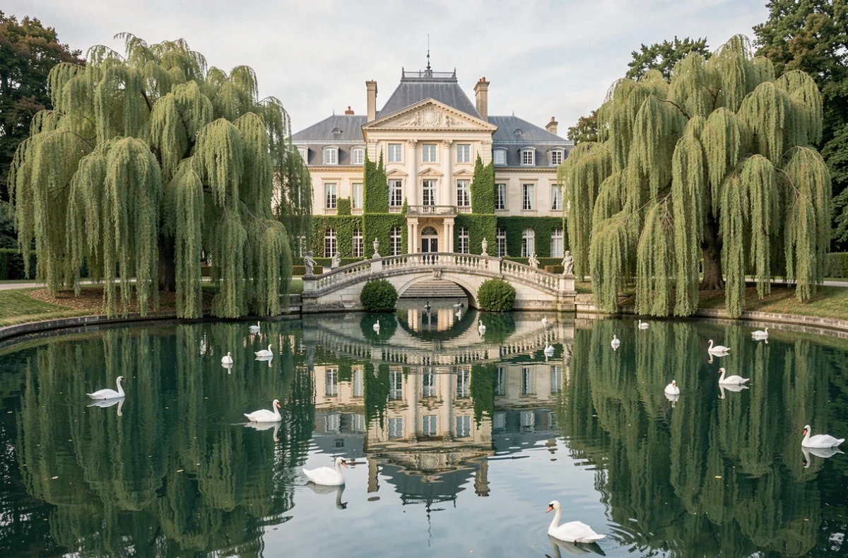 Façade néoclassique du Manoir des Cygnes avec lac aux cygnes et pont en pierre en Essonne