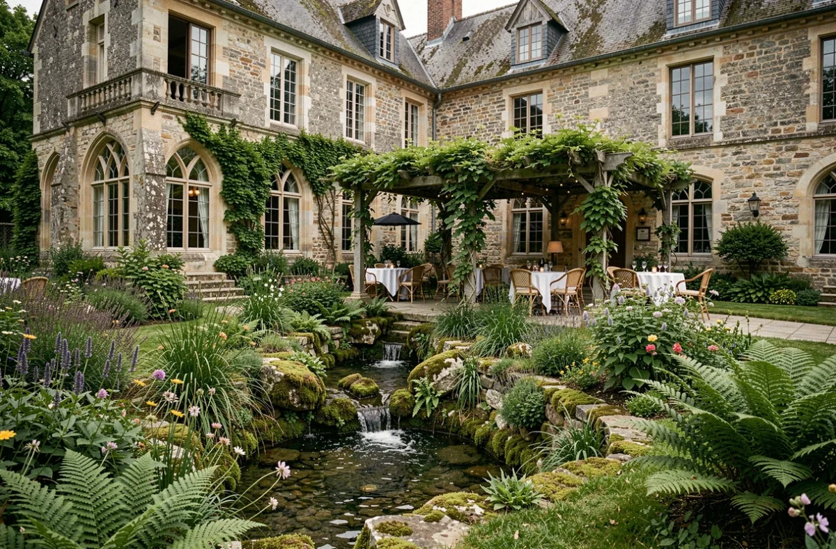Manoir des Trois Sources en Essonne avec terrasse pergola et jardin verdoyant traversé d'un ruisseau