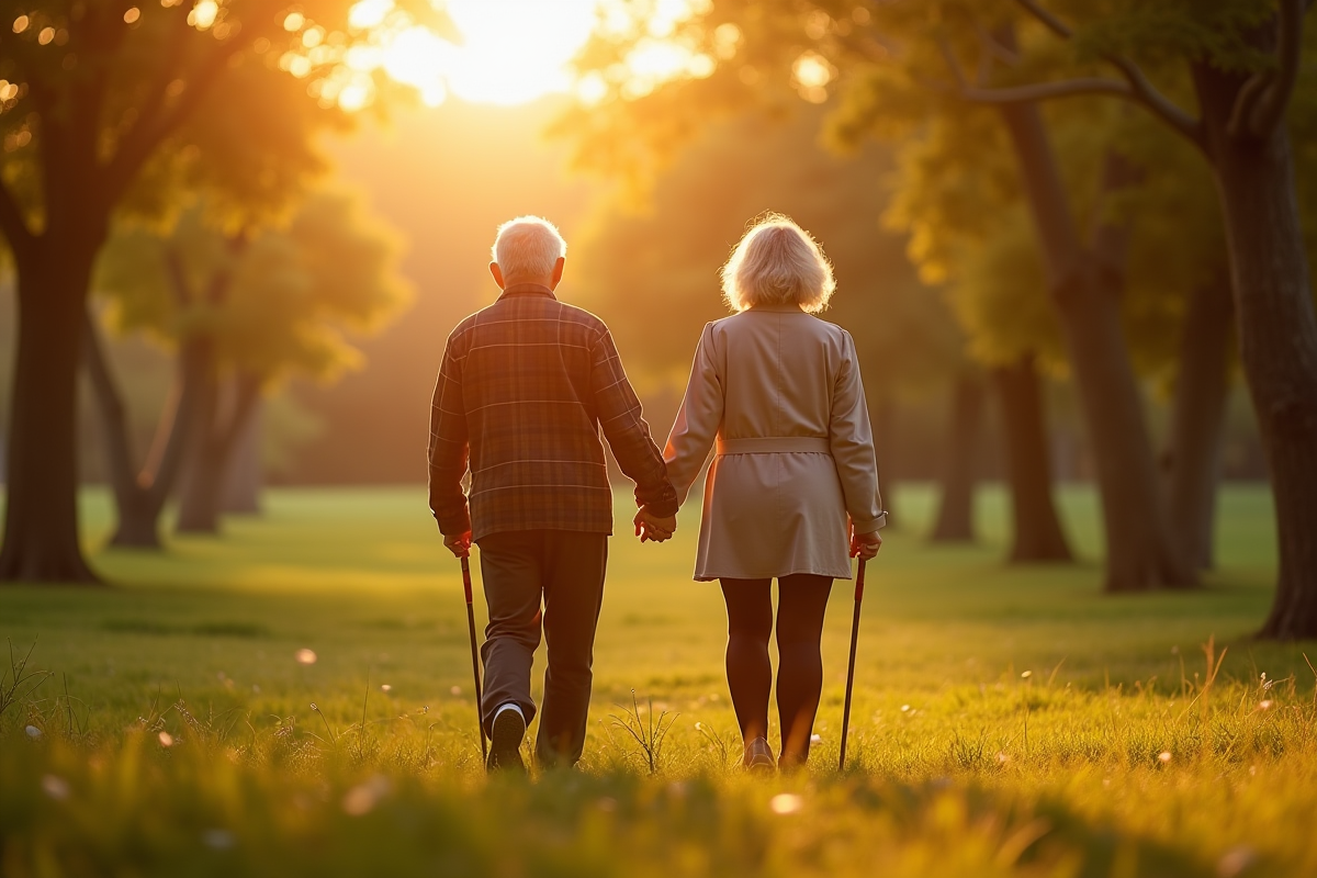 Couple âgé marchant main dans la main dans un parc verdoyant