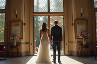 Couple marié devant la mairie historique lors d'un mariage