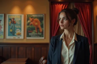 Jeune femme au chignon devant des affiches de cinéma vintage dans un lobby de salle de cinéma indépendante, illustrant les meilleurs films d'Emma Watson