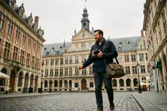 Photographe professionnel explorant les rues de Lille dans les Hauts-de-France avec son équipement photo