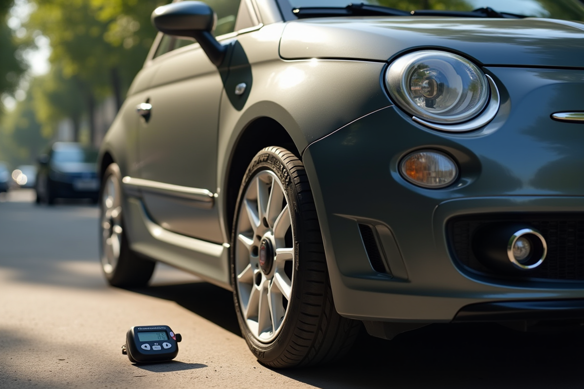 Gros plan d'un manomètre numérique sur une Fiat 500 en ville