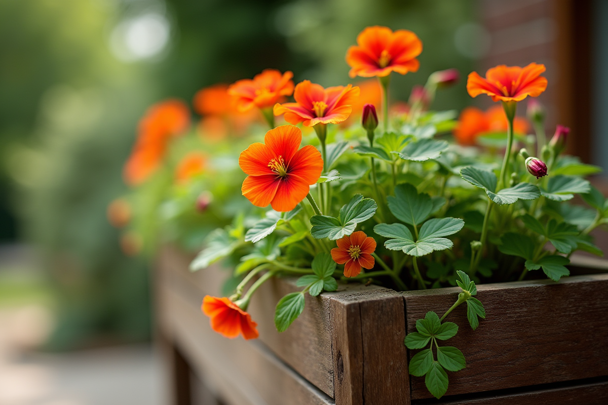Plante de capucine avec fleurs oranger sur un pot en bois