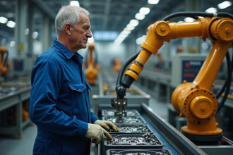 Ouvrier d'usine en overalls bleus face à un bras robotique