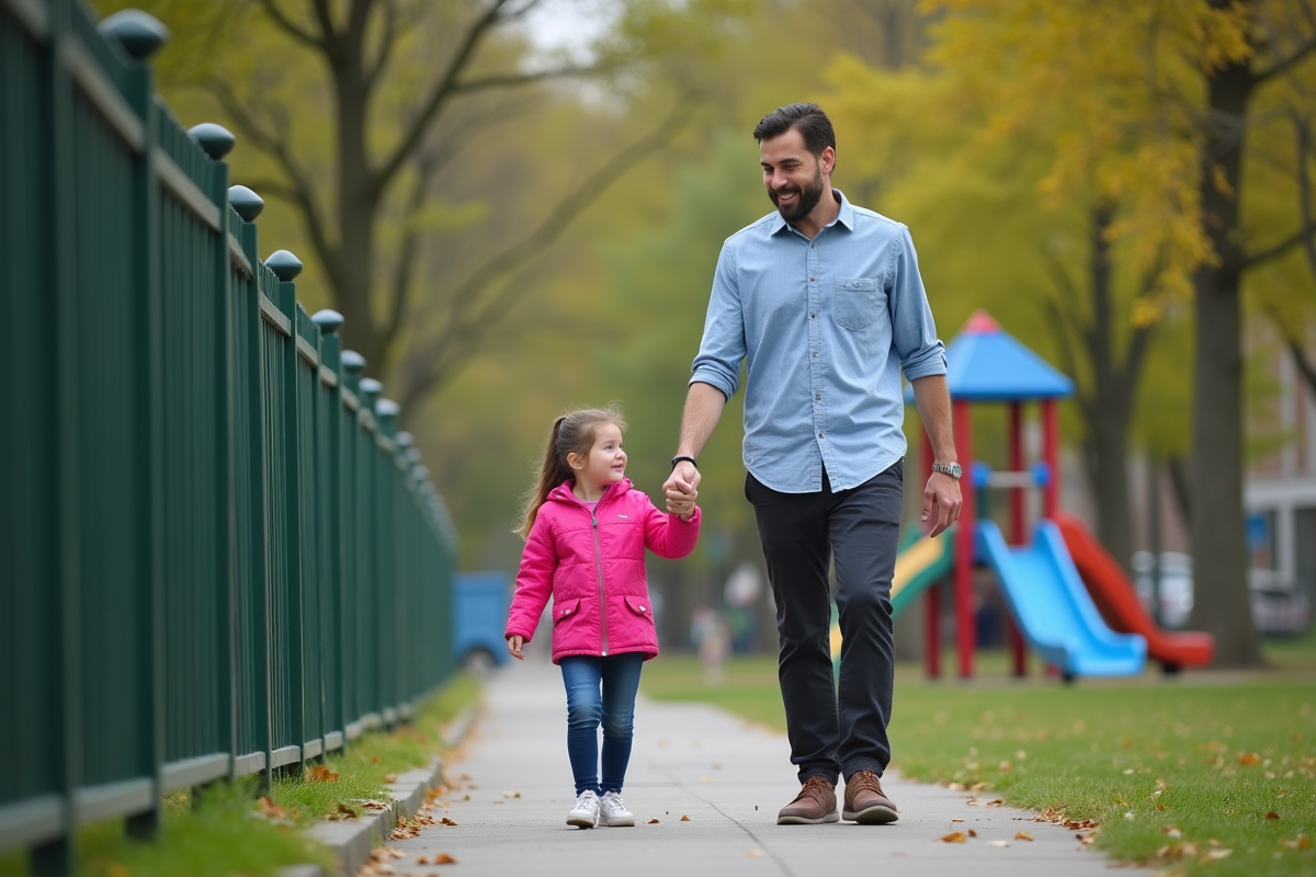 Père et fille marchant dans la rue avec sourires naturels