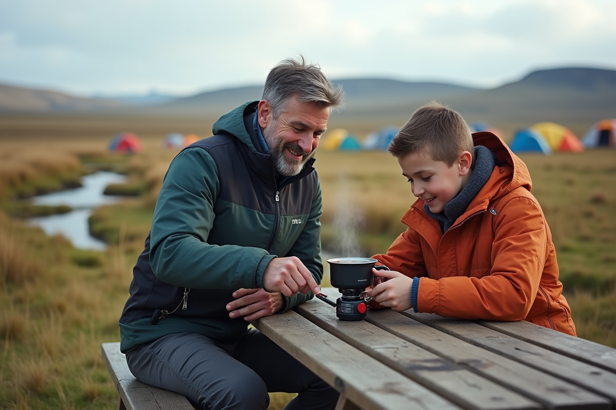 Père et fils préparant un réchaud dans un camping islandais
