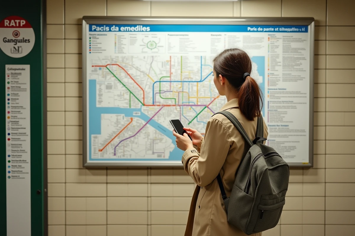 Passagère consultant le plan du métro parisien avec correspondances entre les lignes affiché sur le mur d'une station
