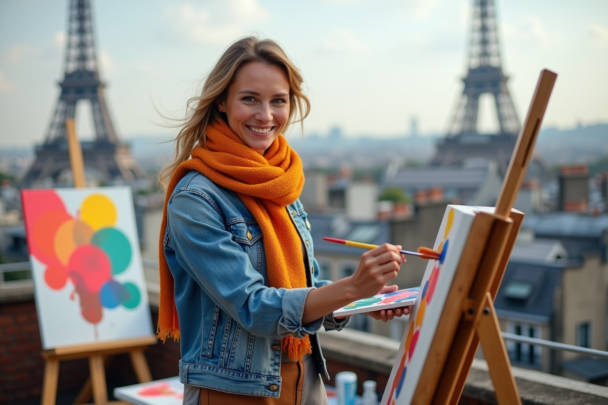 Femme souriante peignant sur une toile dans un atelier sur le toit de Paris