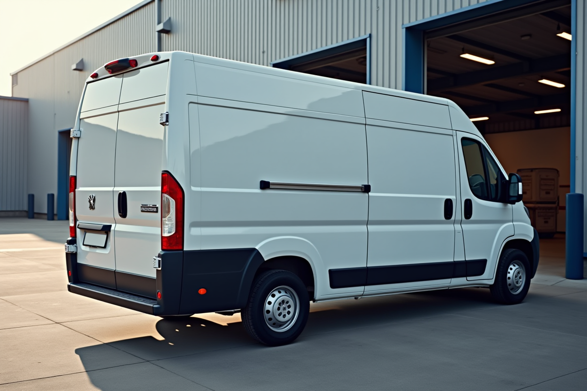 Véhicule Peugeot Boxer en profil côté près d’un entrepôt
