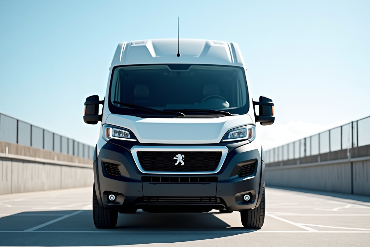 Véhicule Peugeot Boxer blanc dans un parking ensoleille