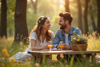 Couple souriant lors d un pique-nique en forêt pour leur anniversaire