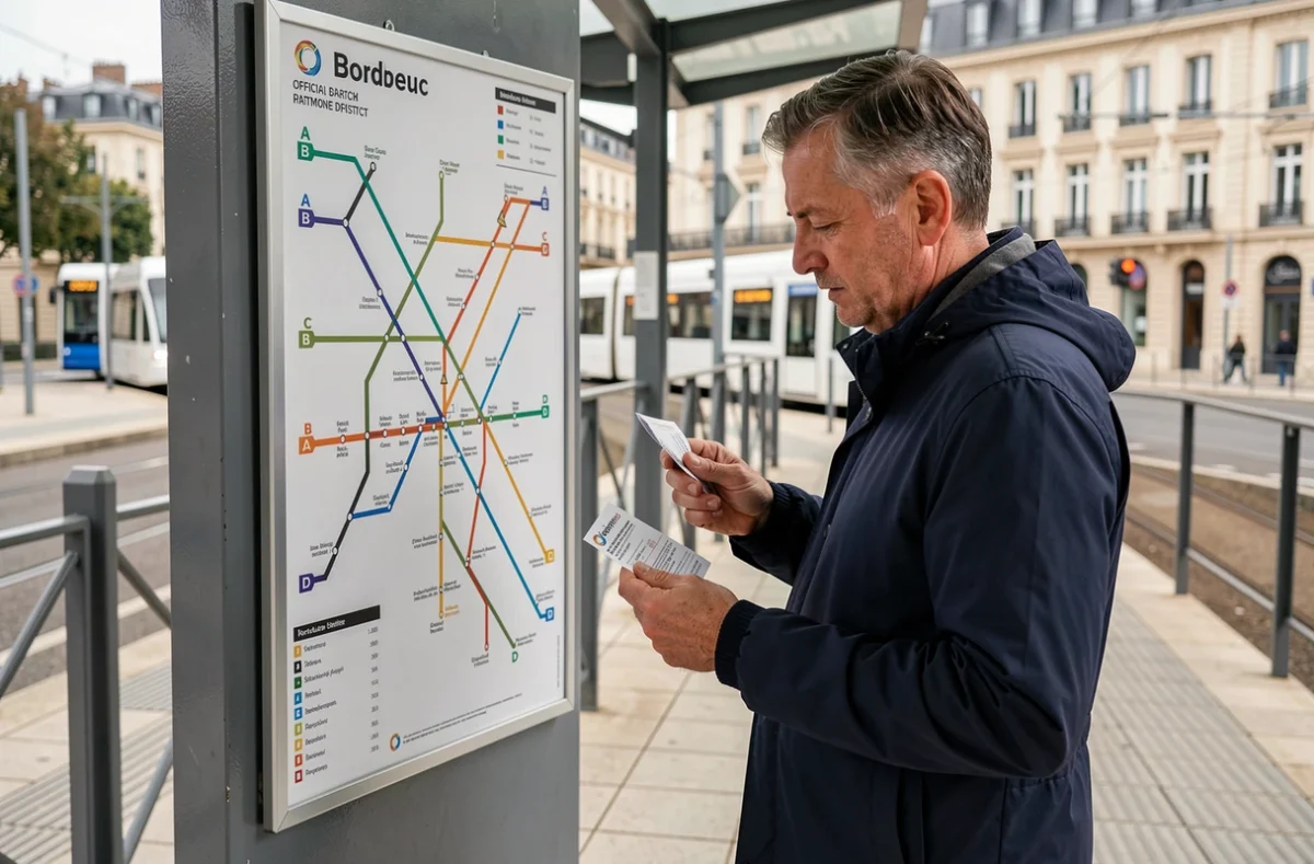 Homme consultant le plan du réseau de tram de Bordeaux affiché près du stade