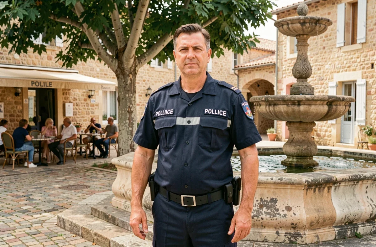 Policier municipal en uniforme dans une place provençale typique illustrant la sécurité publique dans les villes du sud de la France
