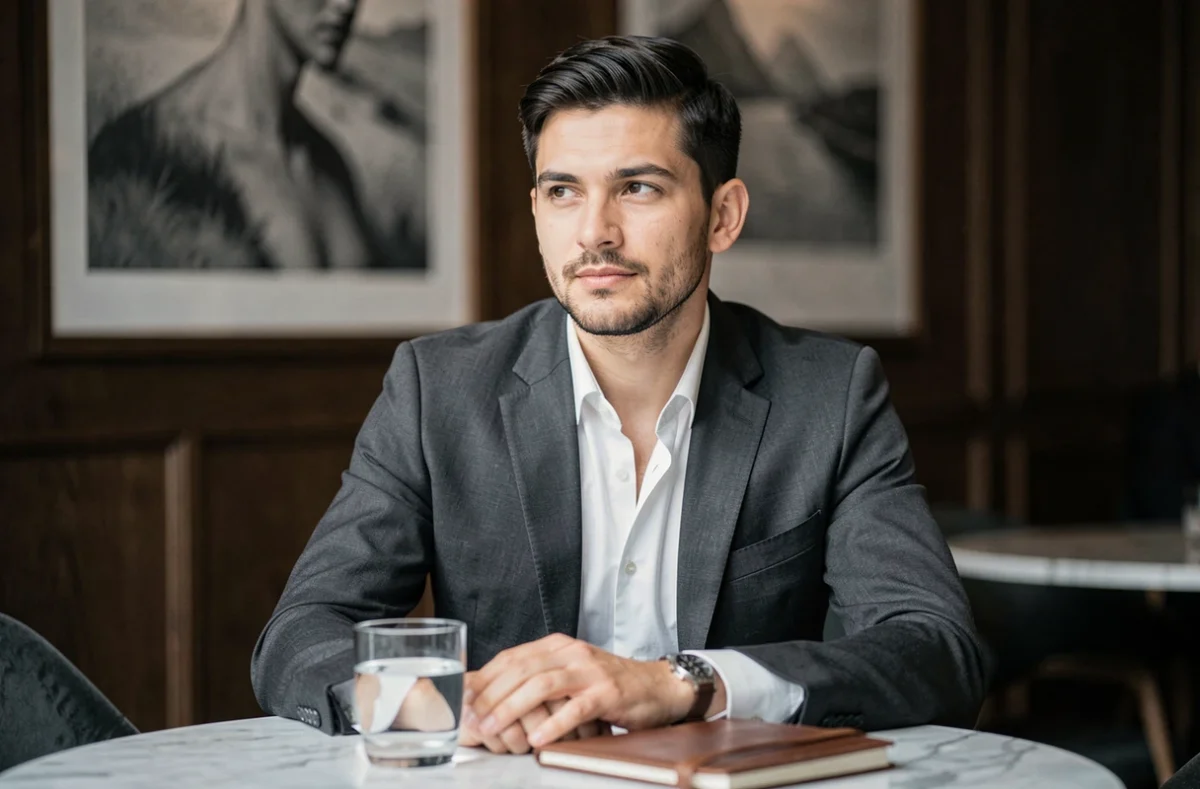 Portrait d'un homme élégant aux traits européens assis dans un restaurant parisien haut de gamme