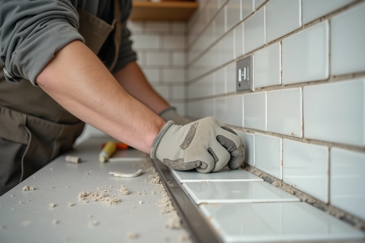 Carreleur posant un profilé en L inox sur l'angle extérieur d'un carrelage de cuisine en cours de rénovation