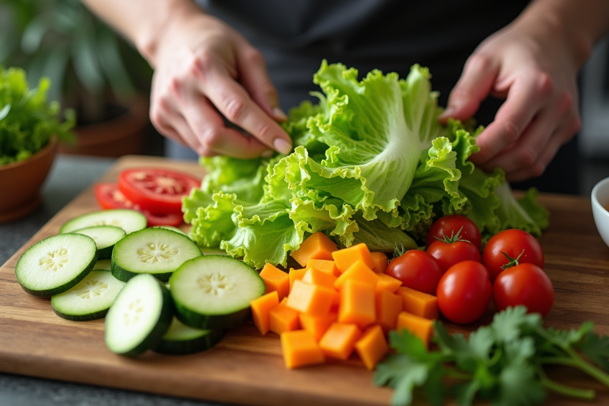Mains préparant une salade avec laitue et melon israeli sur planche en bois