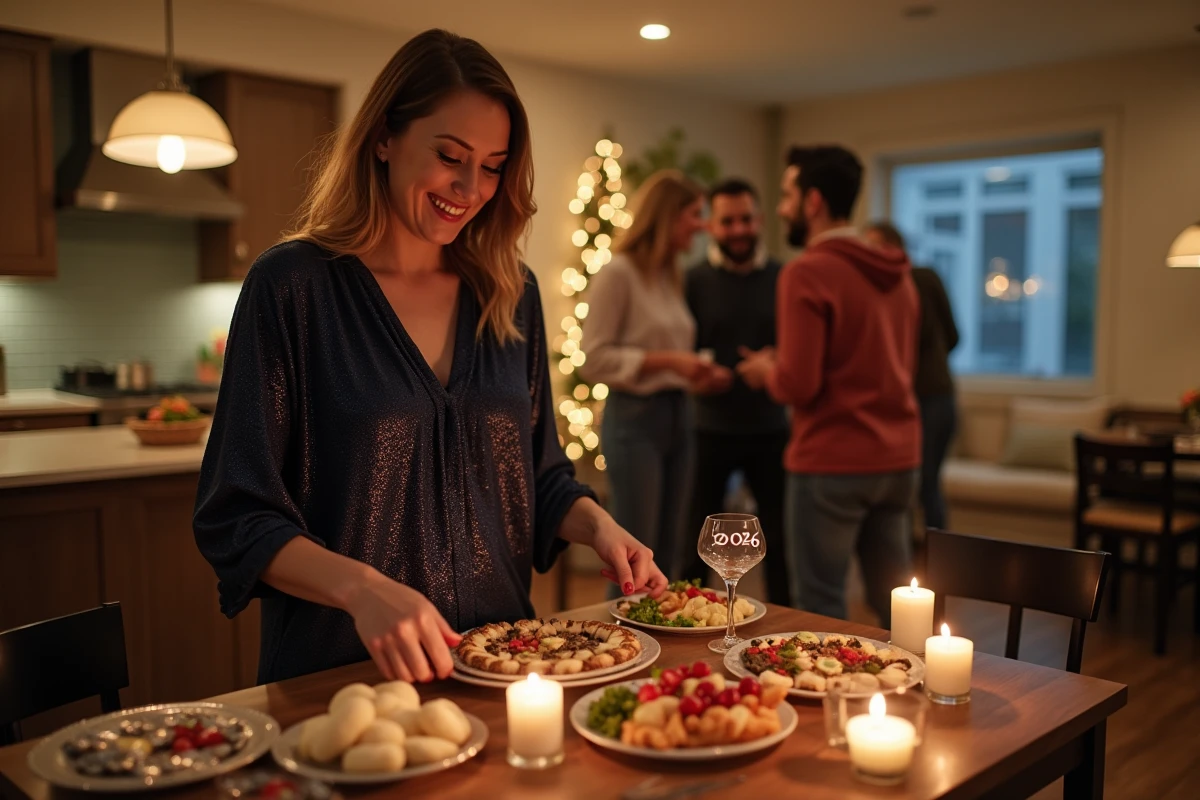 Femme préparant une table d'apéritifs festifs pour une soirée du Nouvel An 2026 dans un appartement décoré avec des confettis et des bougies