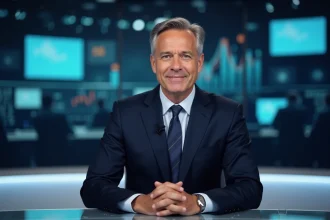 Présentateur homme de CNews en costume marine derrière un bureau de plateau télévisé avec décor de rédaction en arrière-plan