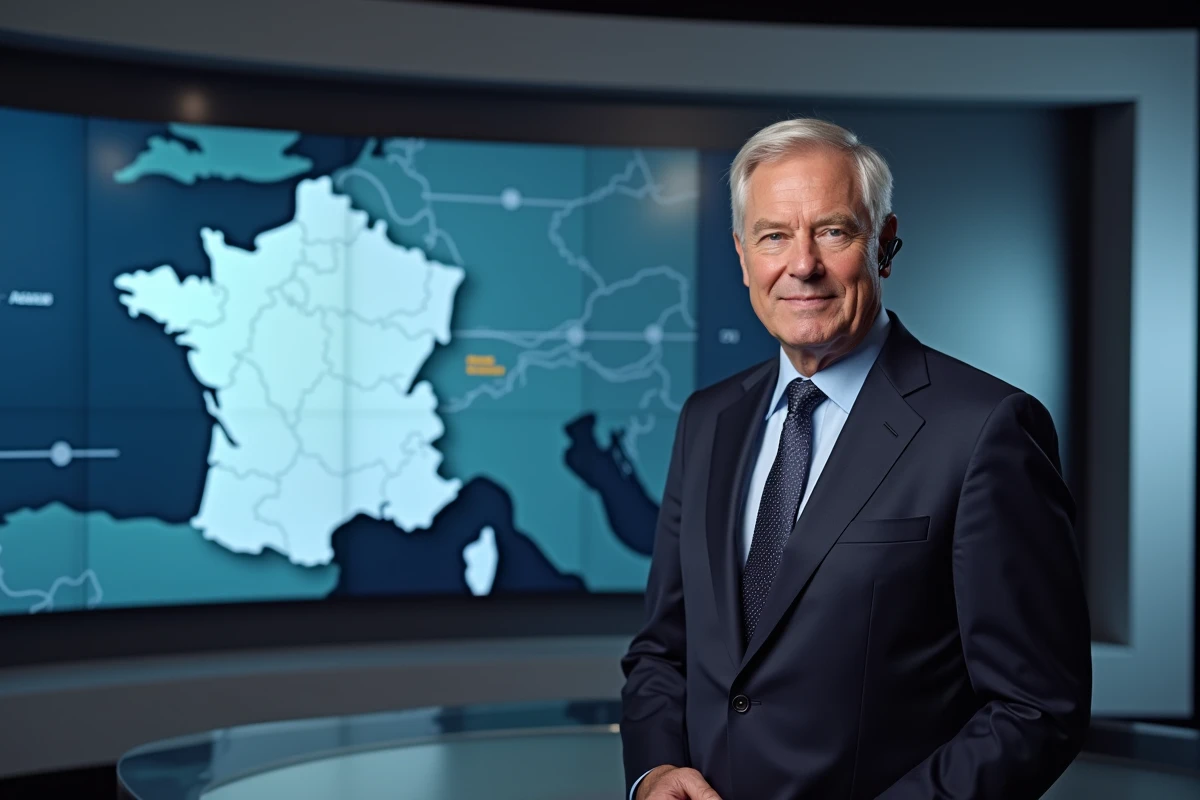 Présentateur CNews homme en studio devant un écran diffusant une carte de France dans un décor télévisé contemporain