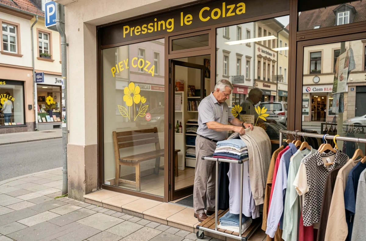 Façade et intérieur du pressing Le Colza avec un employé triant des vêtements nettoyés sur un portant