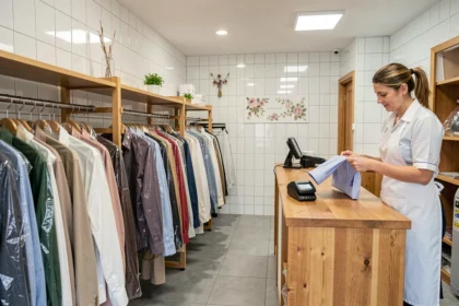 Intérieur d'un pressing propre et moderne dans le Bas-Rhin avec des vêtements emballés sur des cintres et un employé en tablier blanc