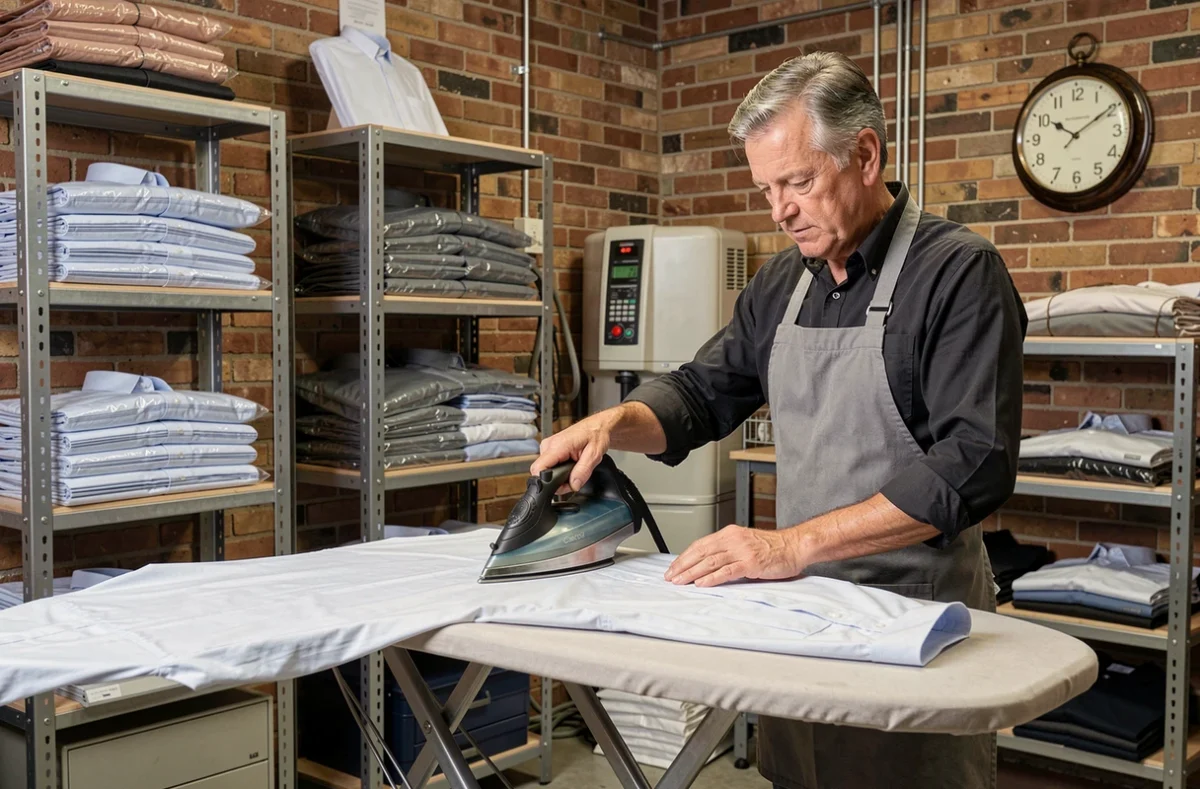Technicien de Pro Repassage repassant une chemise formelle sur une grande planche à vapeur industrielle