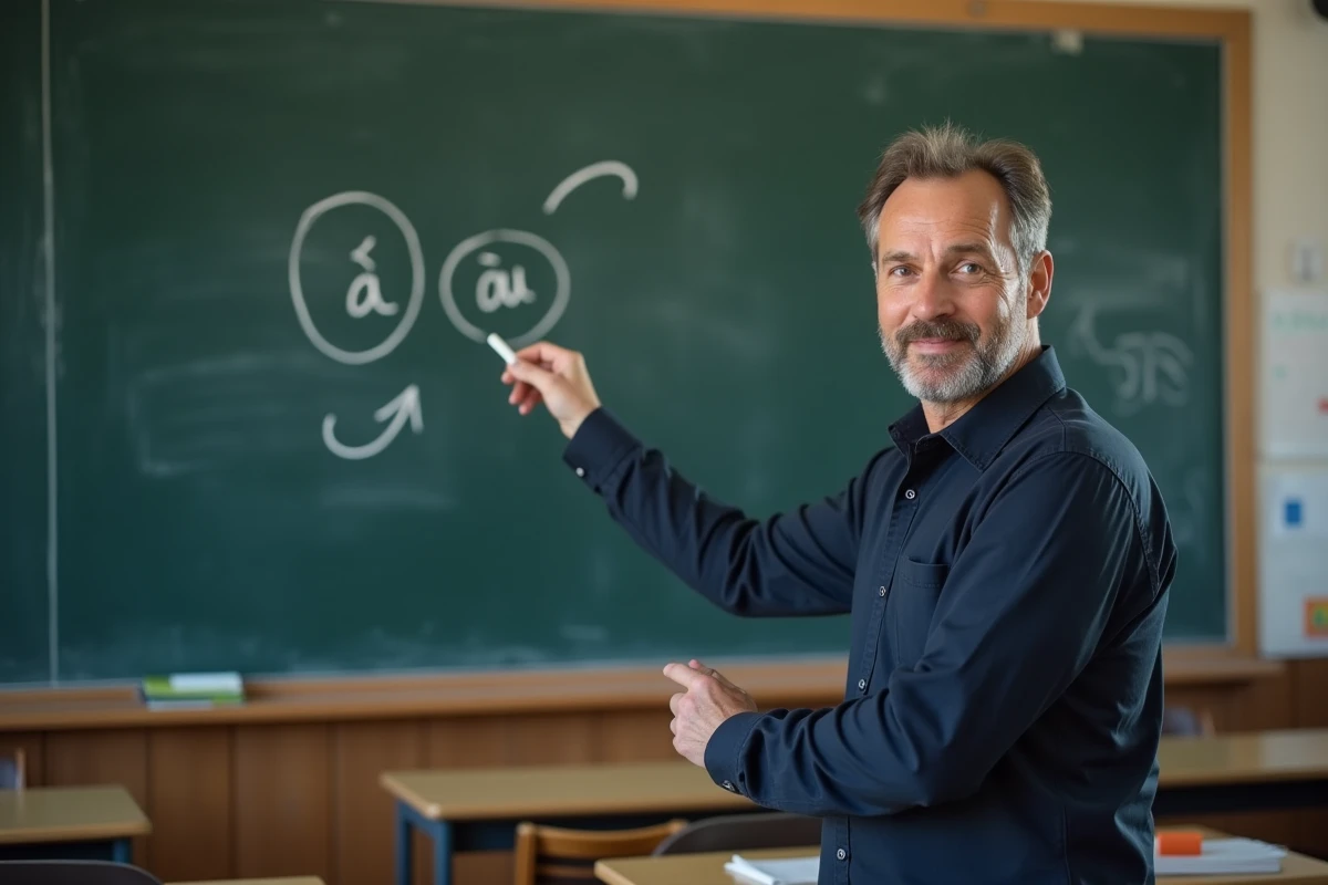 Professeur expliquant la différence entre les prépositions 'à' et 'ou' sur un tableau noir dans une salle de classe