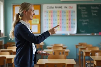 Professeure de primaire présentant un tableau de rimes en 'ou' dans une salle de classe colorée