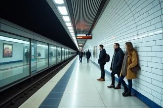 Quai moderne de la station de métro parisien ligne 14 avec portes palières automatiques et affichage numérique de destination