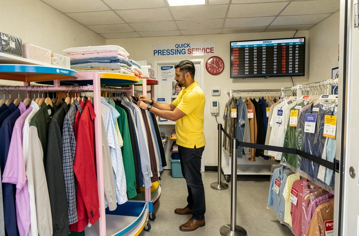 Employé du Quick Pressing Service accrochant rapidement des vêtements repassés sur un carrousel de rangement codé par couleur