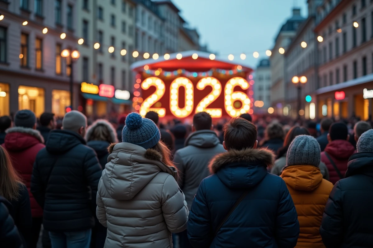 Foule festive rassemblée sur une place publique pour célébrer le Nouvel An 2026 autour d'une scène décorée avec les chiffres lumineux 2026
