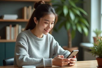 Jeune femme rechargeant son forfait Lycamobile 30 euros en ligne depuis son smartphone à domicile