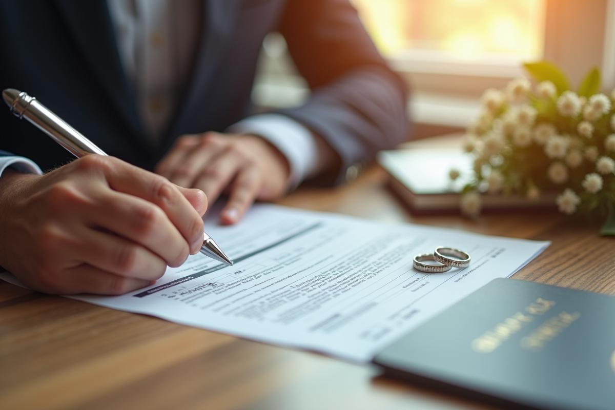 Détail de la main remplissant un formulaire de mariage avec passeports