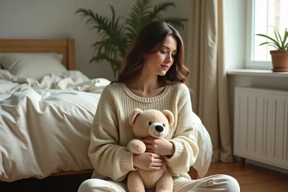 Jeune femme serrant un ourson en peluche usé contre elle, assise sur un plancher en bois dans une chambre minimaliste, expression apaisée et introspective