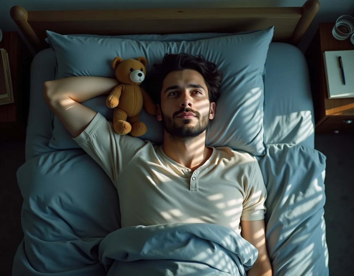 Homme allongé dans son lit regardant le plafond, un ourson en peluche vintage posé sur l'oreiller à côté de lui, ambiance matinale douce et contemplative