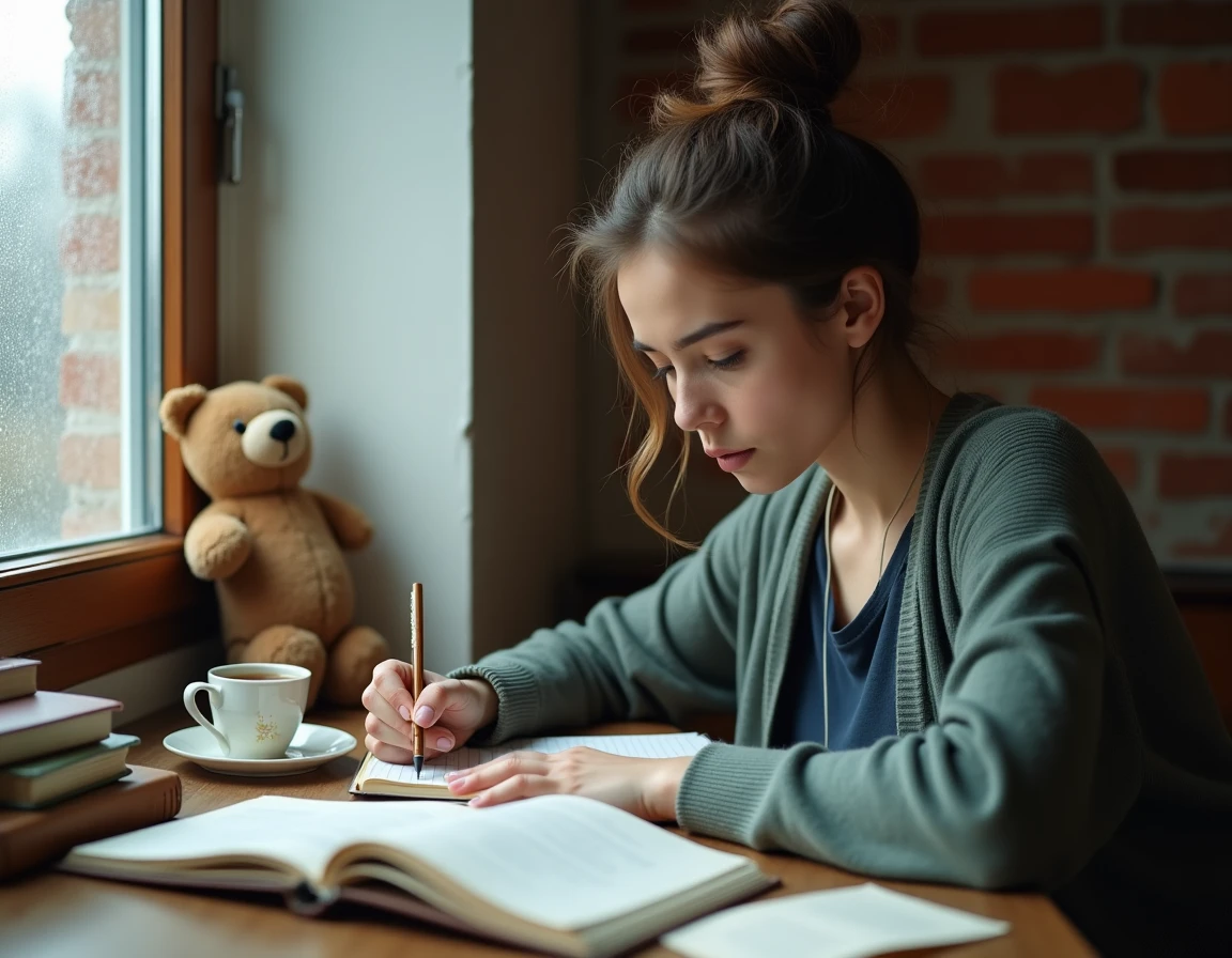 Jeune femme écrivant dans un journal intime à un bureau en bois, un ourson en peluche appuyé contre des livres à ses côtés, ambiance introspective et chaleureuse