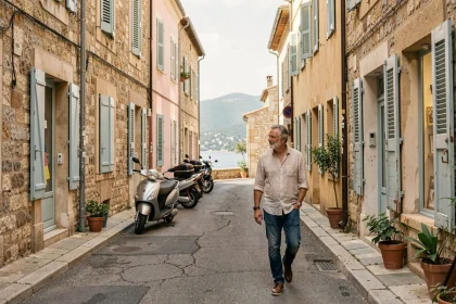 Rue calme du centre-ville de La Ciotat avec façades en pierre et passant décontracté, illustrant l'atmosphère urbaine de la ville