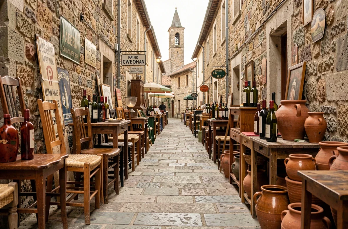 Ruelle d'un village de l'Aveyron transformée en brocante, avec meubles anciens, poteries et enseignes vintage alignés sur les pavés